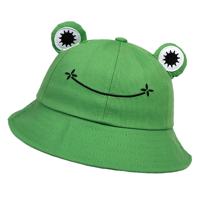 Bucket Hat Embroidered - قبعات دلو نسائية بتصميم الضفدع اللطيف،