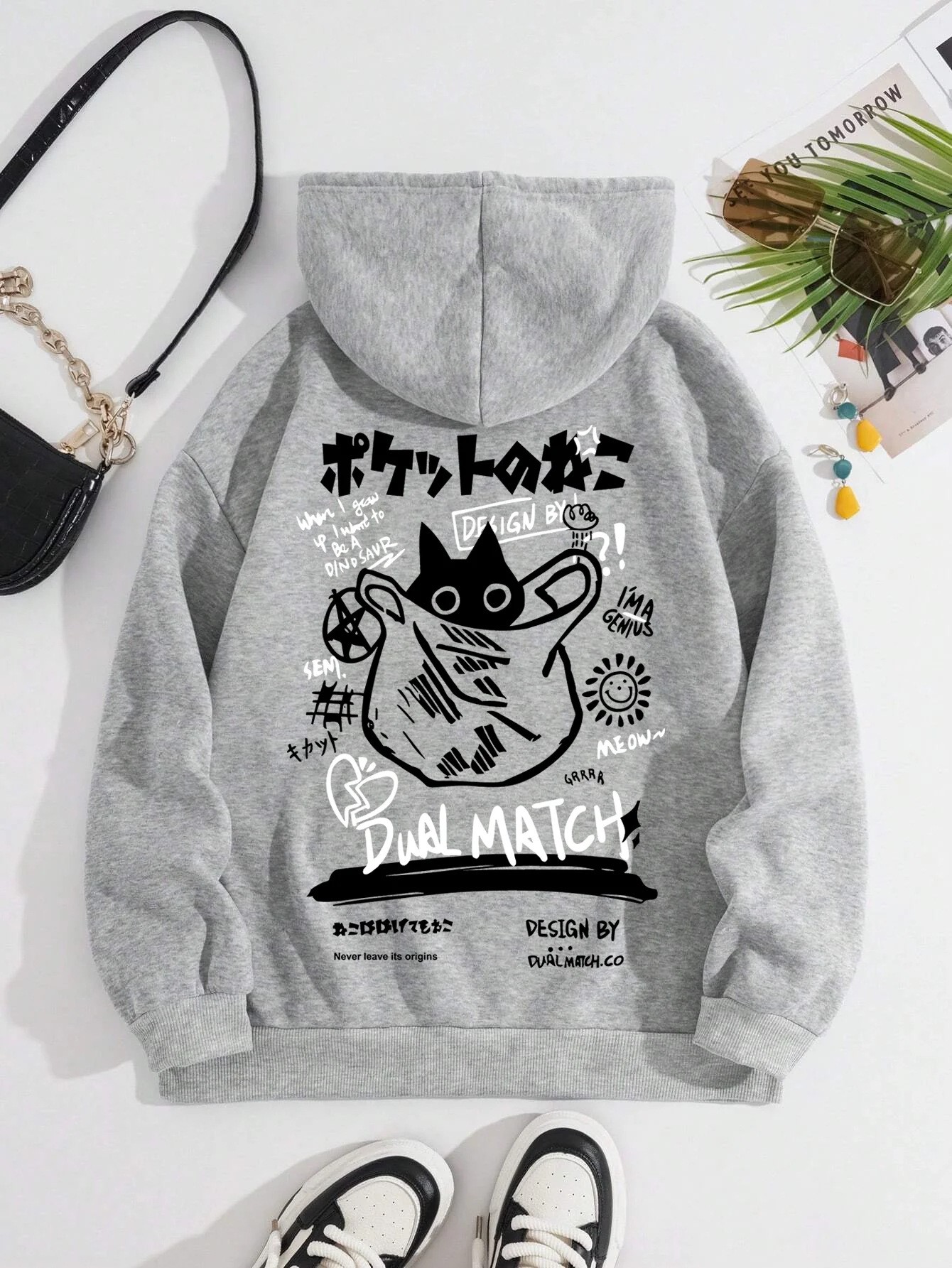 Street Fashion Of Japan - هودي بتصميم قطة سوداء على الطراز